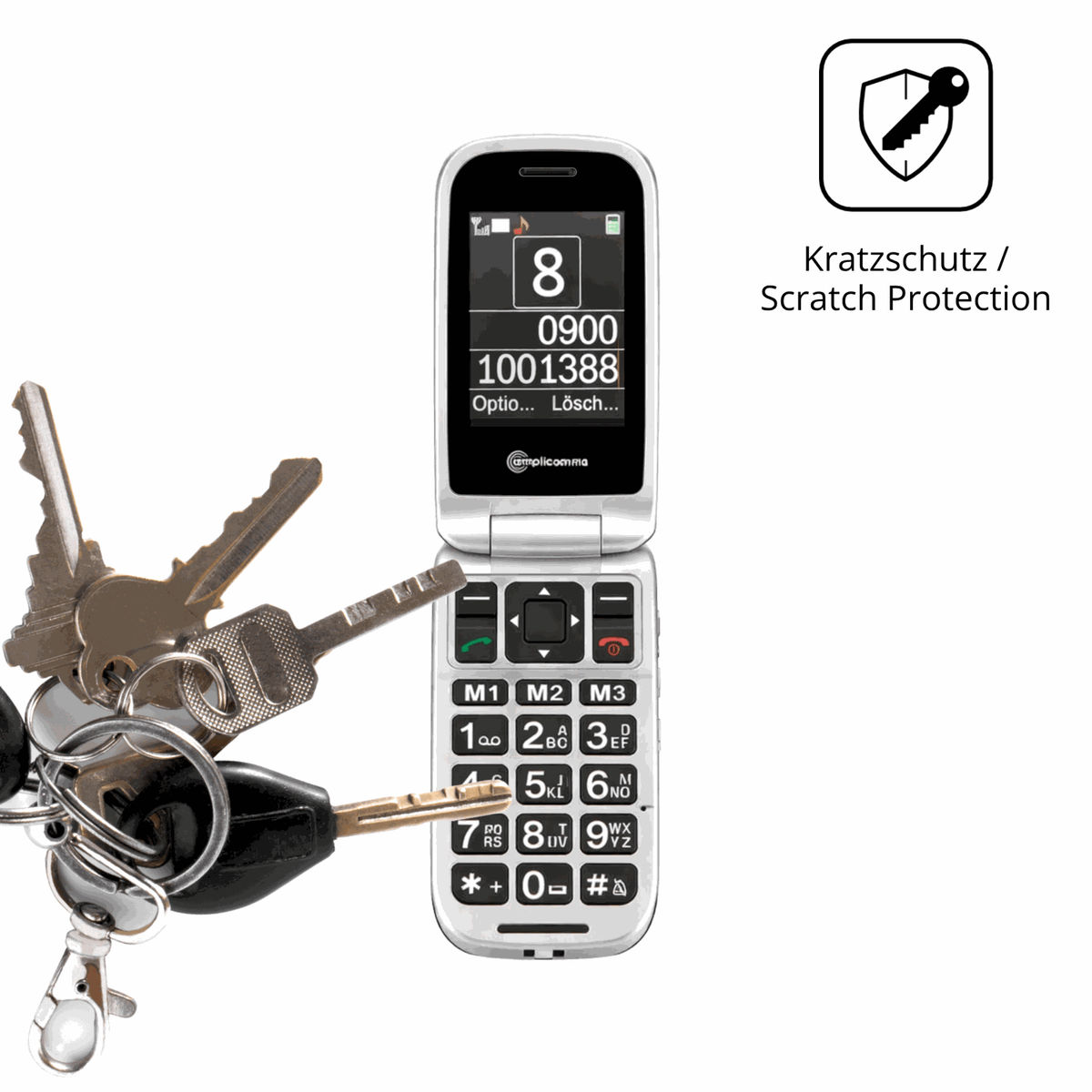Schutz gegen Kratzer auf dem Amplicomms PowerTel M7510-3G Senioren-Handy Glas durch Schlüssel oder Ähnliches