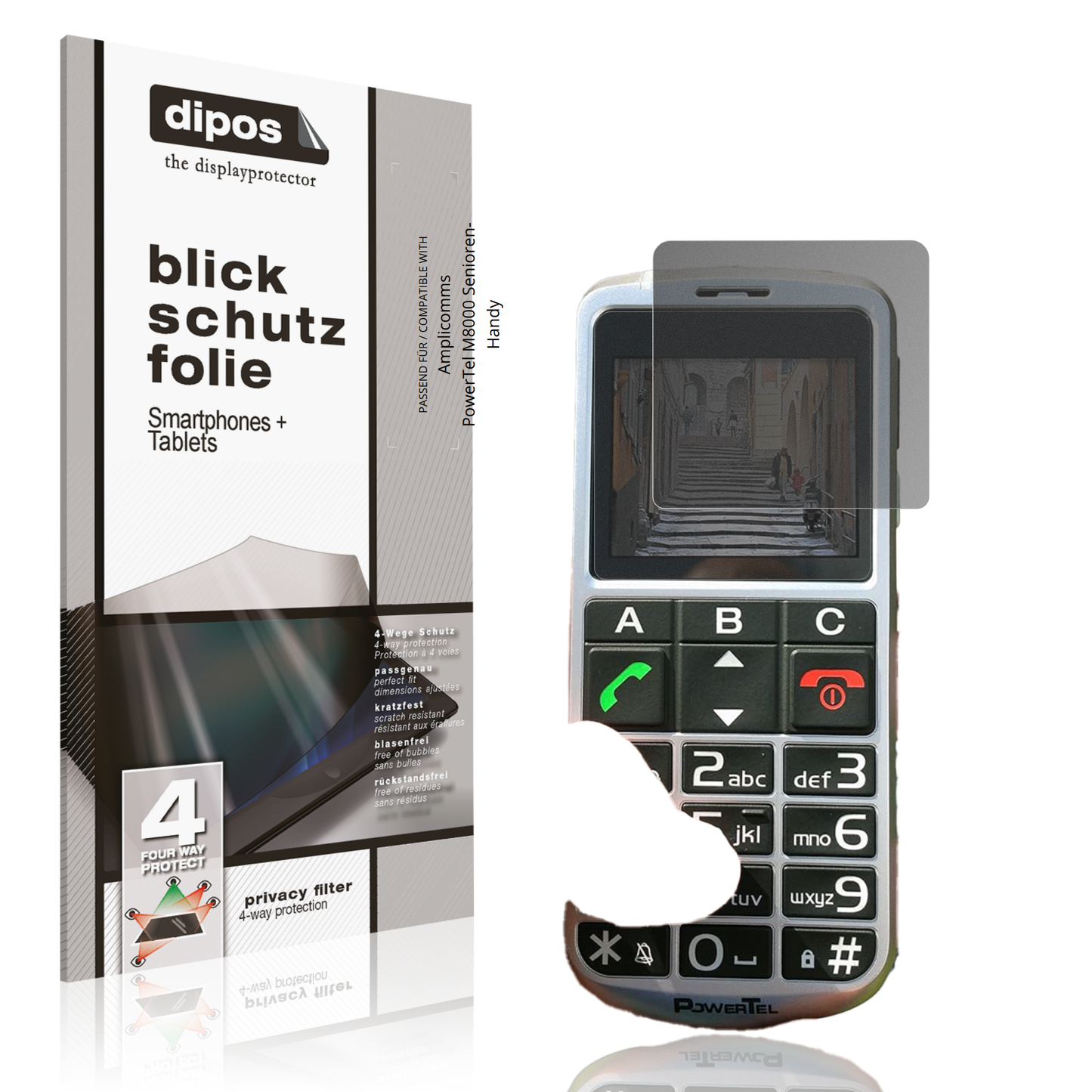 Blickschutzfolie von dipos passend für Amplicomms PowerTel M8000 Senioren-Handy, präziser Zuschnitt und blasenfrei montiert