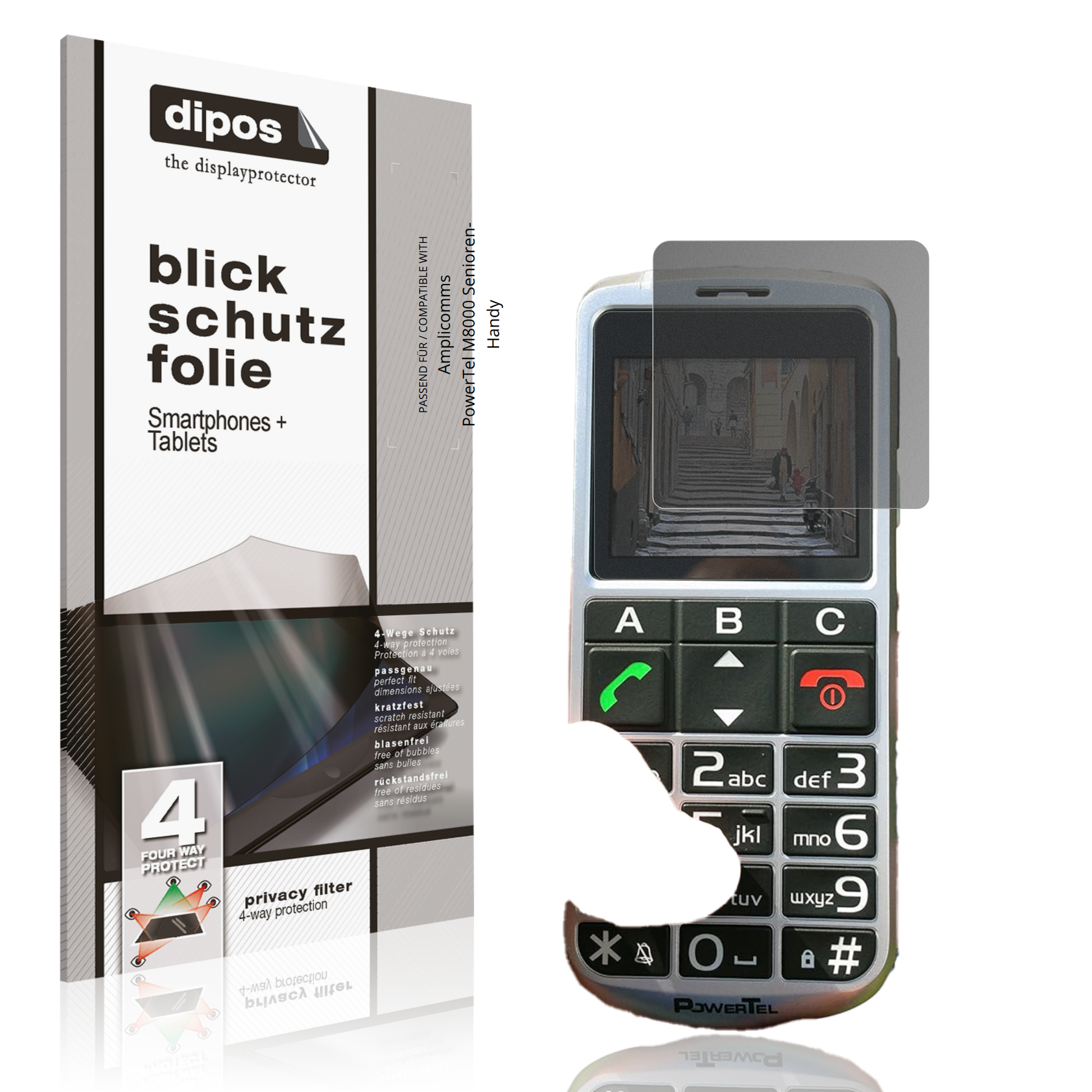 Blickschutzfolie von dipos passend für Amplicomms PowerTel M8000 Senioren-Handy, präziser Zuschnitt und blasenfrei montiert