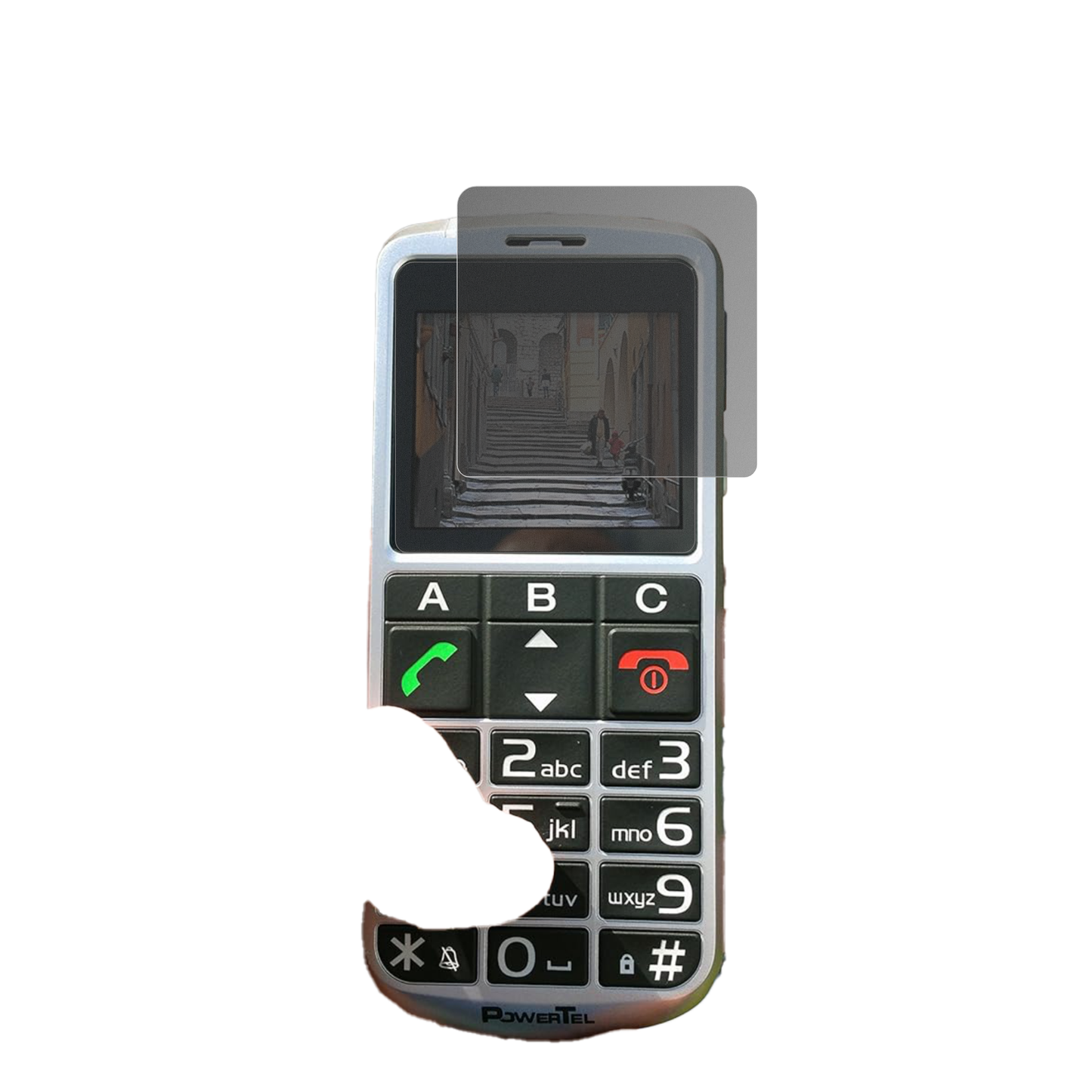 AmplicommsPowerTel M8000 Senioren-Handy mit aufgebrachtem dipos Displayschutz, der seitliche Einblicke blockiert