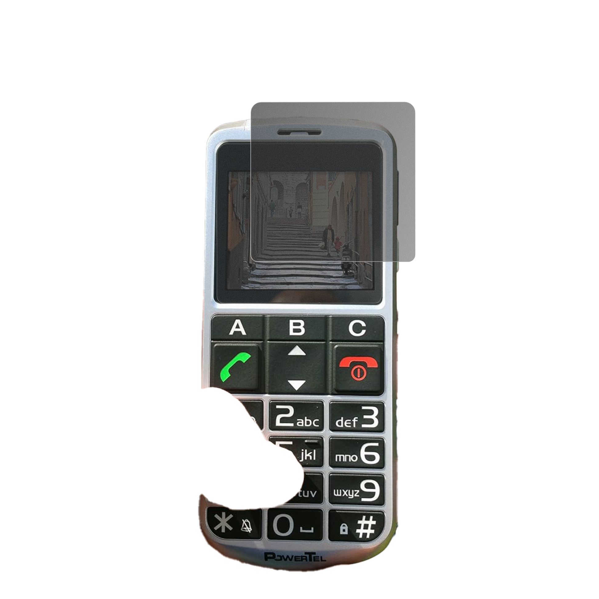 AmplicommsPowerTel M8000 Senioren-Handy mit aufgebrachtem dipos Displayschutz, der seitliche Einblicke blockiert