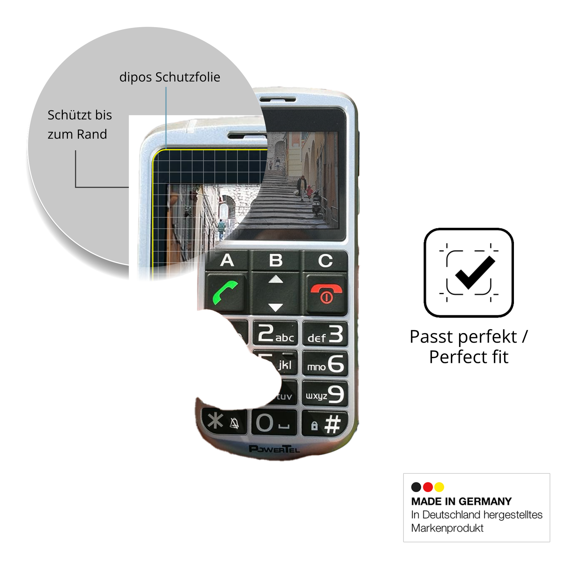 Schutz gegen Kratzer auf dem Amplicomms PowerTel M8000 Senioren-Handy Glas durch Schlüssel oder Ähnliches