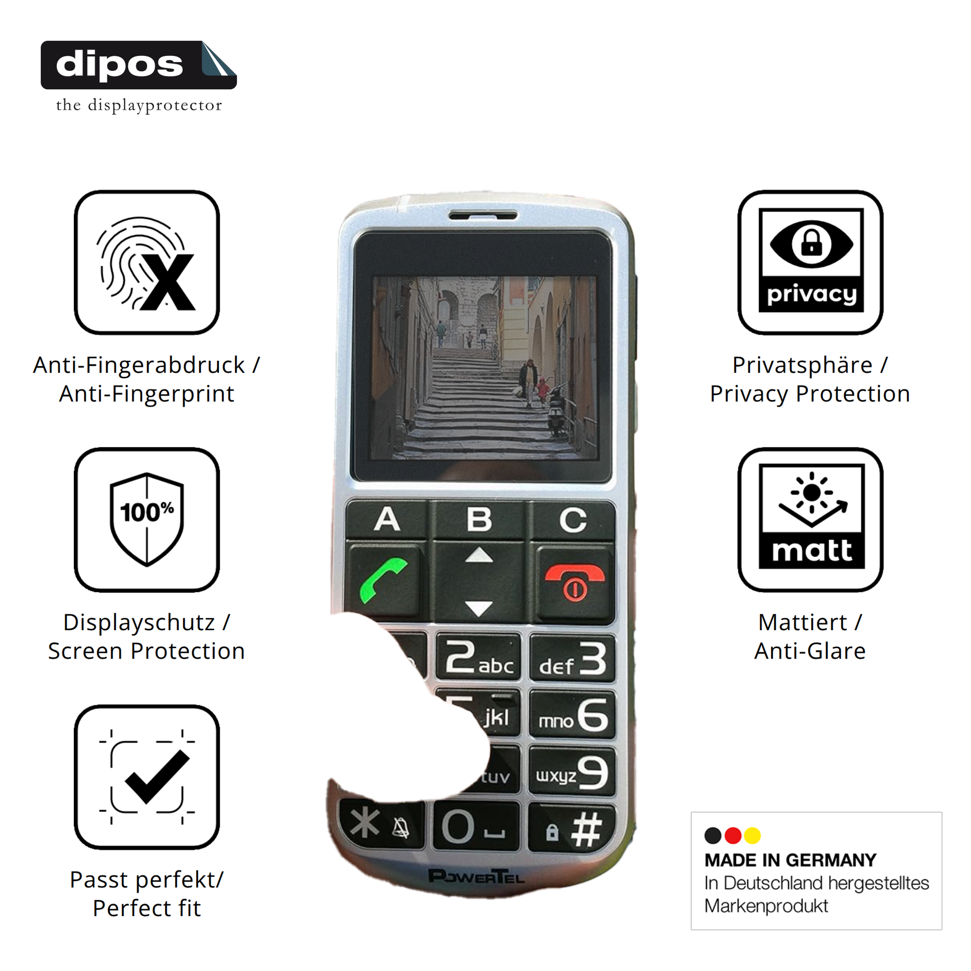 Privatsphäre-Schutz durch Sichtschutz-Folie passend zugeschnitten für Amplicomms PowerTel M8000 Senioren-Handy