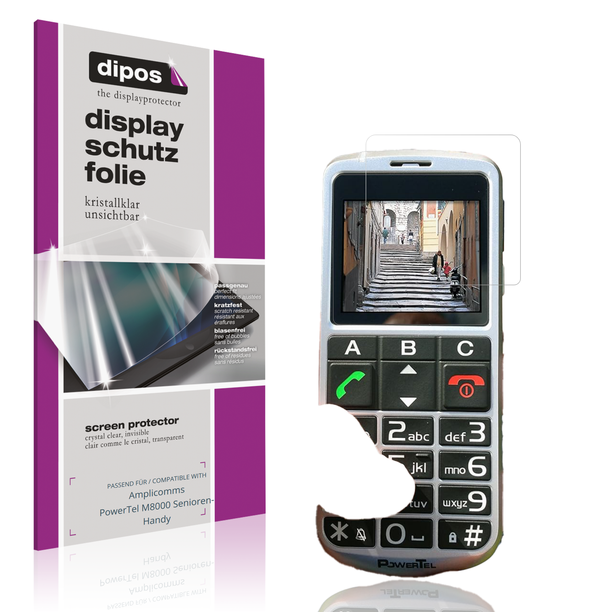Klare Displayschutzfolie von dipos passend für Amplicomms PowerTel M8000 Senioren-Handy, präziser Zuschnitt und blasenfrei montiert