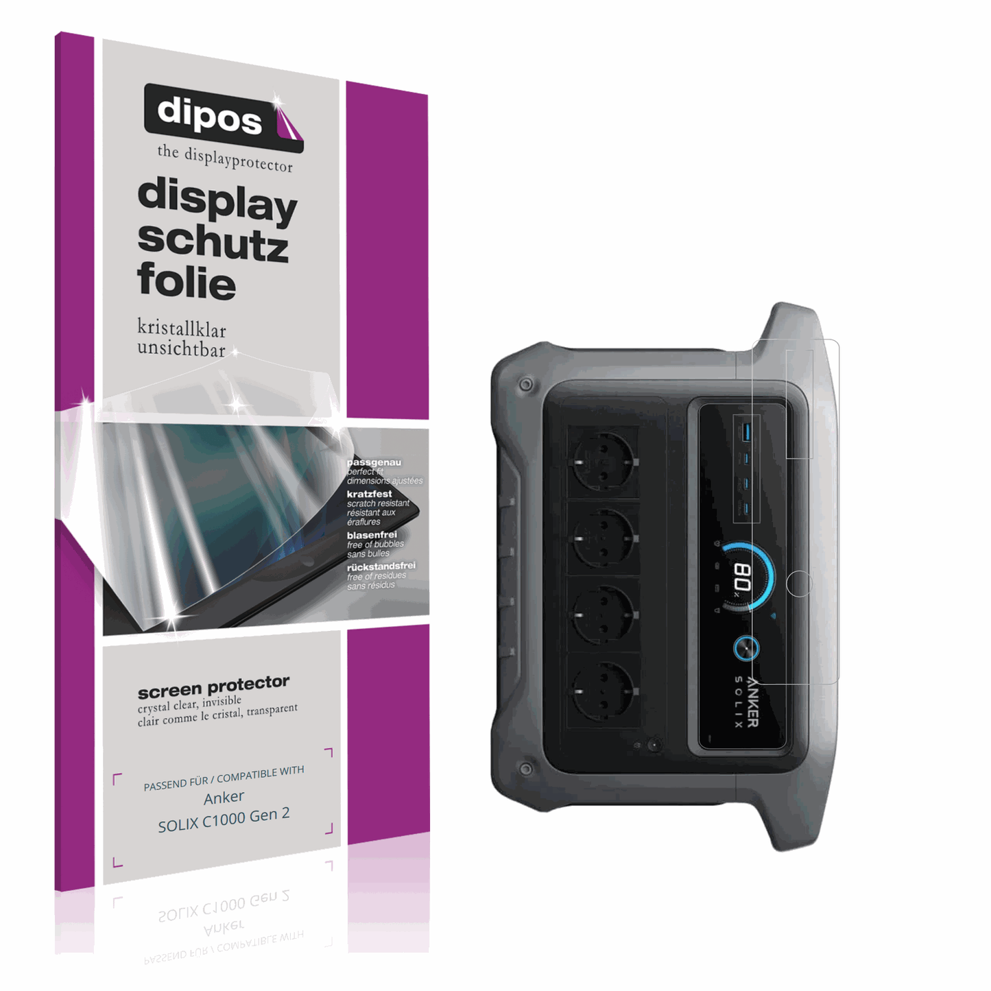 Klare Displayschutzfolie von dipos passend für Anker SOLIX C1000 Gen 2, präziser Zuschnitt und blasenfrei montiert