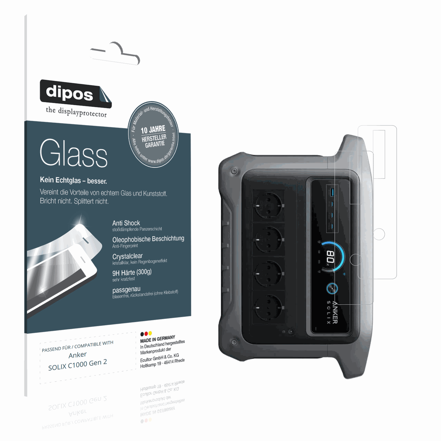 Klare Displayschutzfolie von dipos passend für Anker SOLIX C1000 Gen 2, 9H kratzfest und blasenfrei montiert