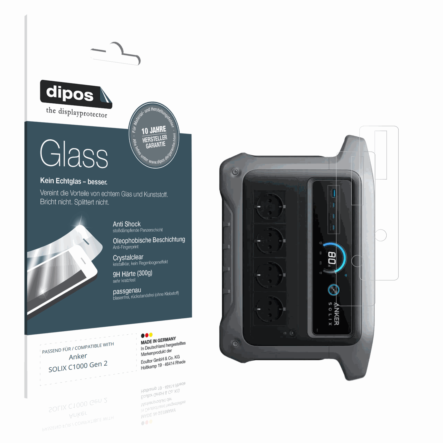 Klare Displayschutzfolie von dipos passend für Anker SOLIX C1000 Gen 2, 9H kratzfest und blasenfrei montiert