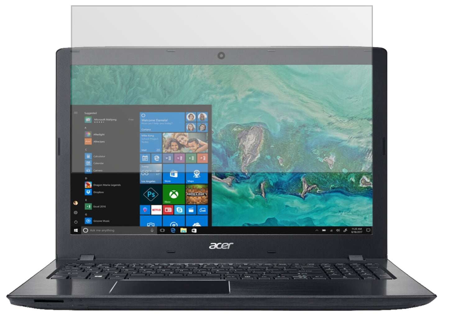 AcerAspire E 15 Start mit aufgebrachter dipos Displayschutzfolie, die lästige Fingerabdrücke minimiert