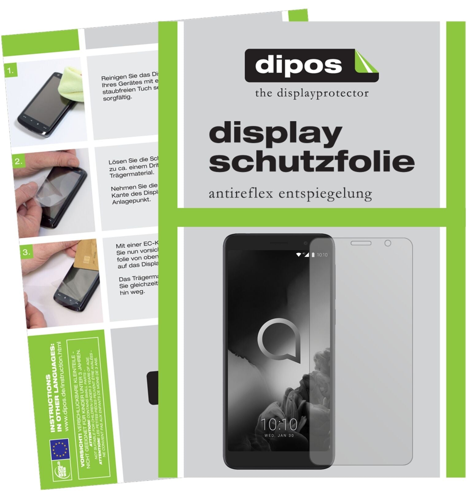 Alcatel1C (2019) mit aufgebrachter dipos Displayschutzfolie, die lästige Fingerabdrücke minimiert