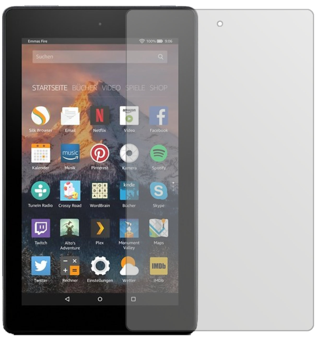 AmazonFire HD 8 (2017) mit aufgebrachter dipos Displayschutzfolie, die lästige Fingerabdrücke minimiert