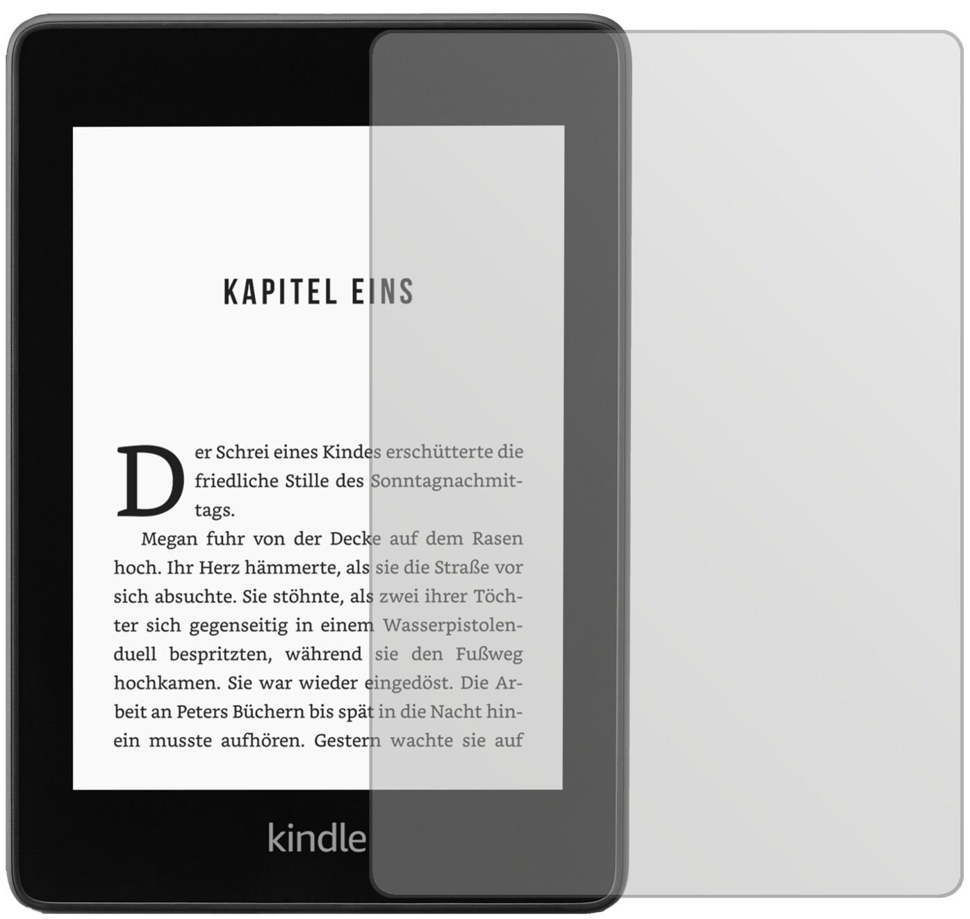 AmazonKindle Paperwhite (2018) mit aufgebrachter dipos Displayschutzfolie, die lästige Fingerabdrücke minimiert