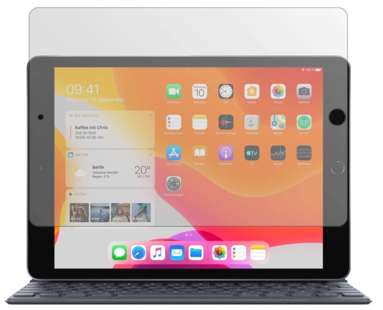 AppleiPad 10.2 Zoll (2019) mit aufgebrachter dipos Displayschutzfolie, die lästige Fingerabdrücke minimiert