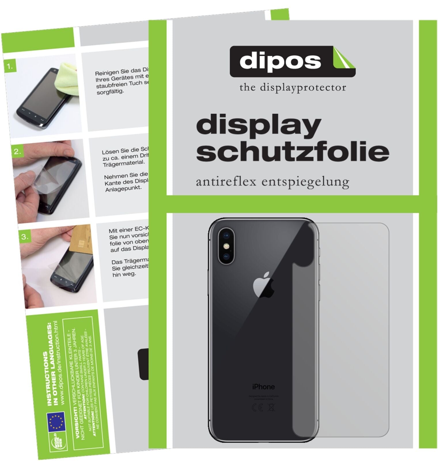 AppleiPhone XS Rückseite mit aufgebrachter dipos Displayschutzfolie, die lästige Fingerabdrücke minimiert