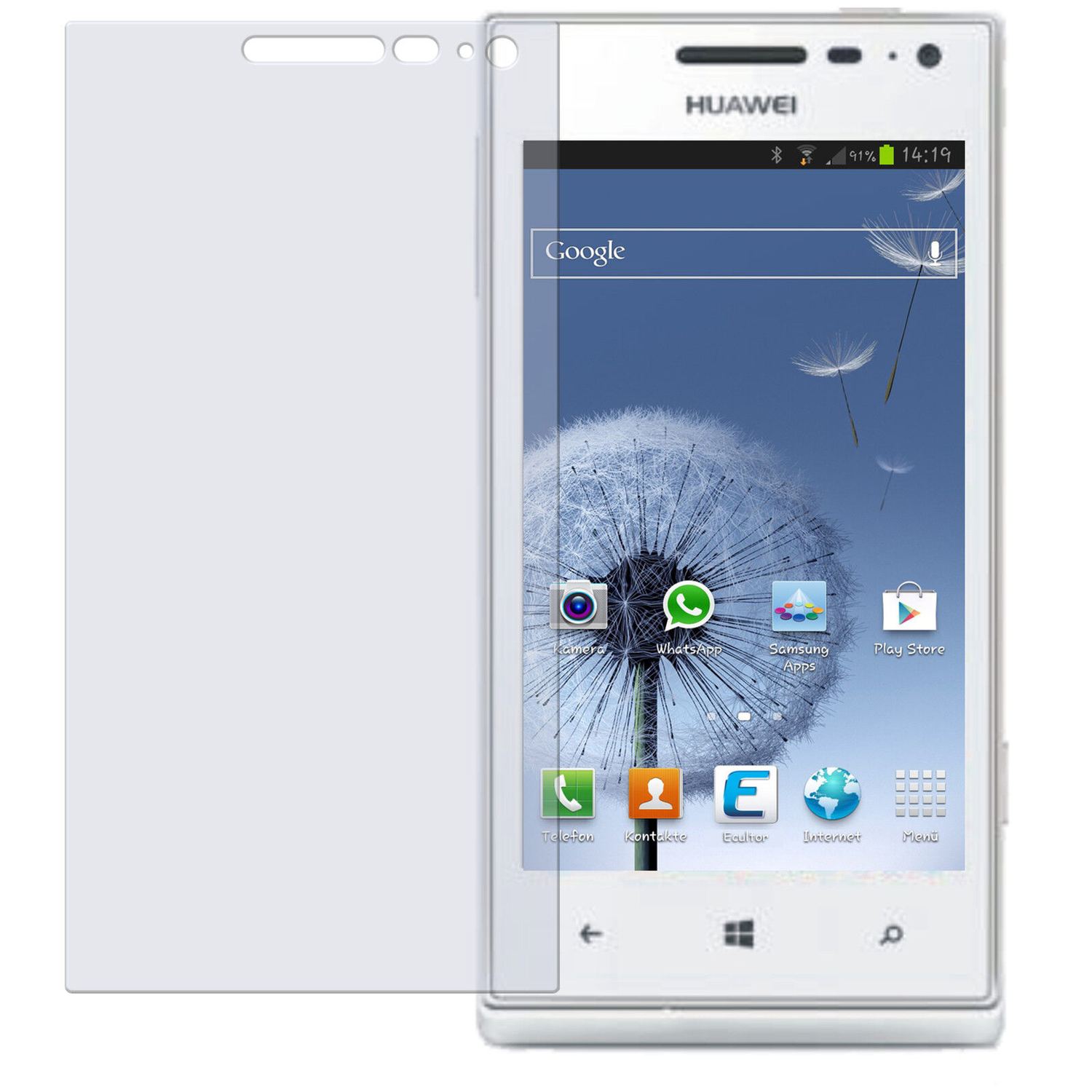 Ascend W1Huawei mit aufgebrachter dipos Displayschutzfolie, die lästige Fingerabdrücke minimiert