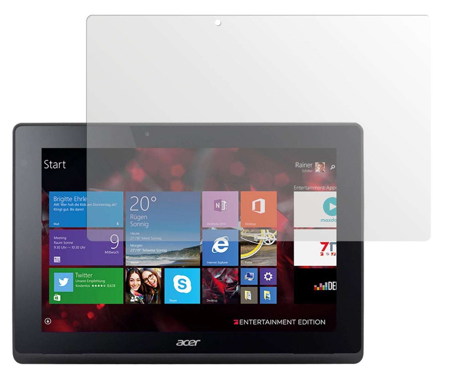 Aspire Switch 10 E Pro7Acer mit aufgebrachter dipos Displayschutzfolie, die lästige Fingerabdrücke minimiert