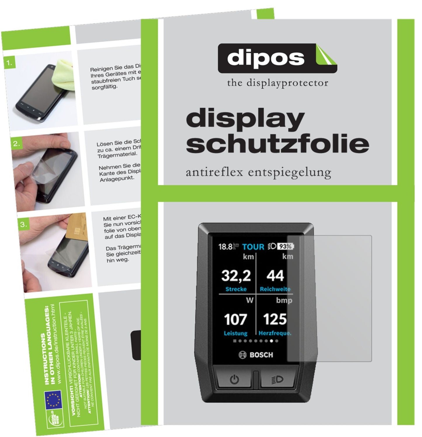 BoschKiox e-Bike Display mit aufgebrachter dipos Displayschutzfolie, die lästige Fingerabdrücke minimiert