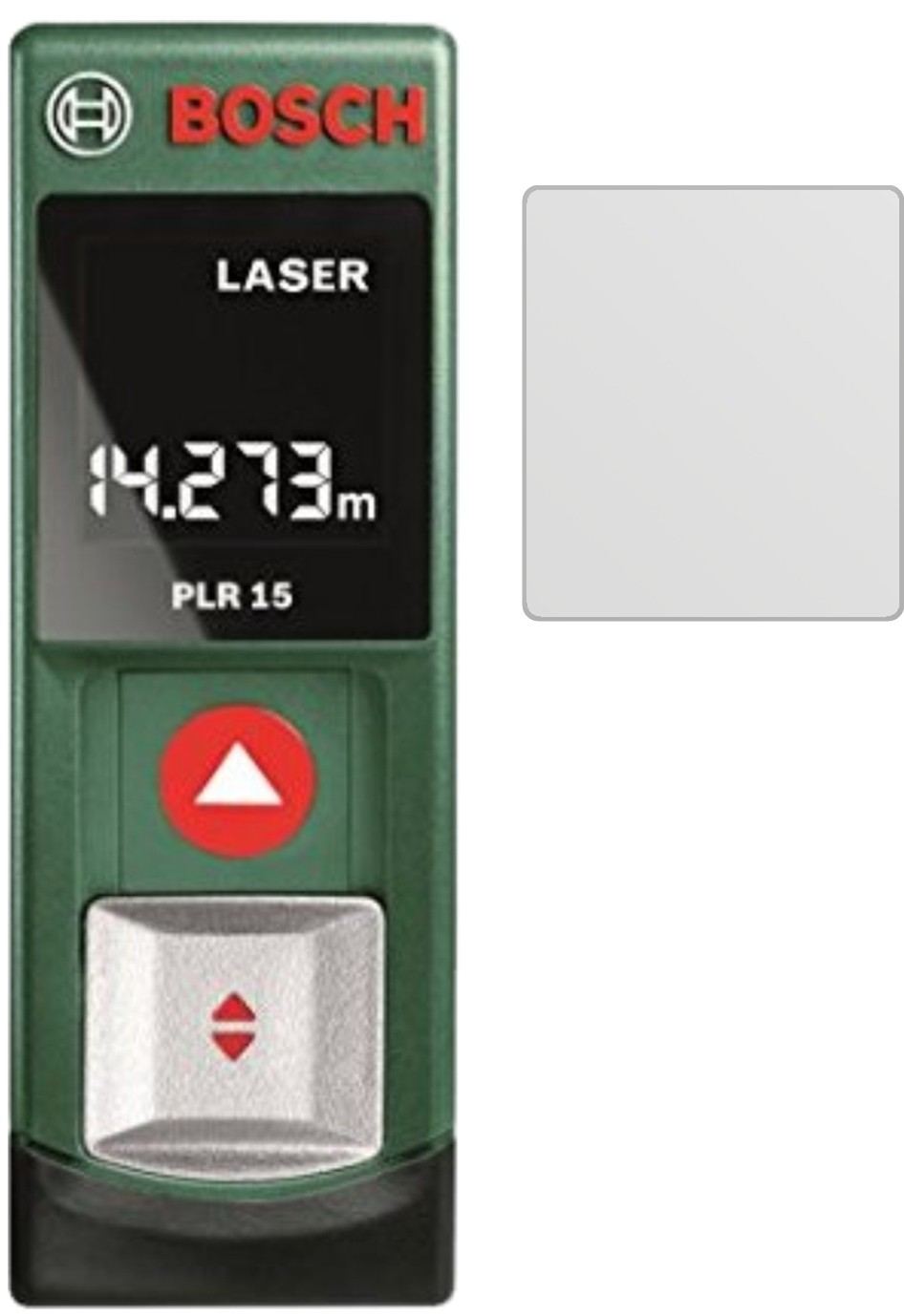 BoschPLR 15 mit aufgebrachter dipos Displayschutzfolie, die lästige Fingerabdrücke minimiert