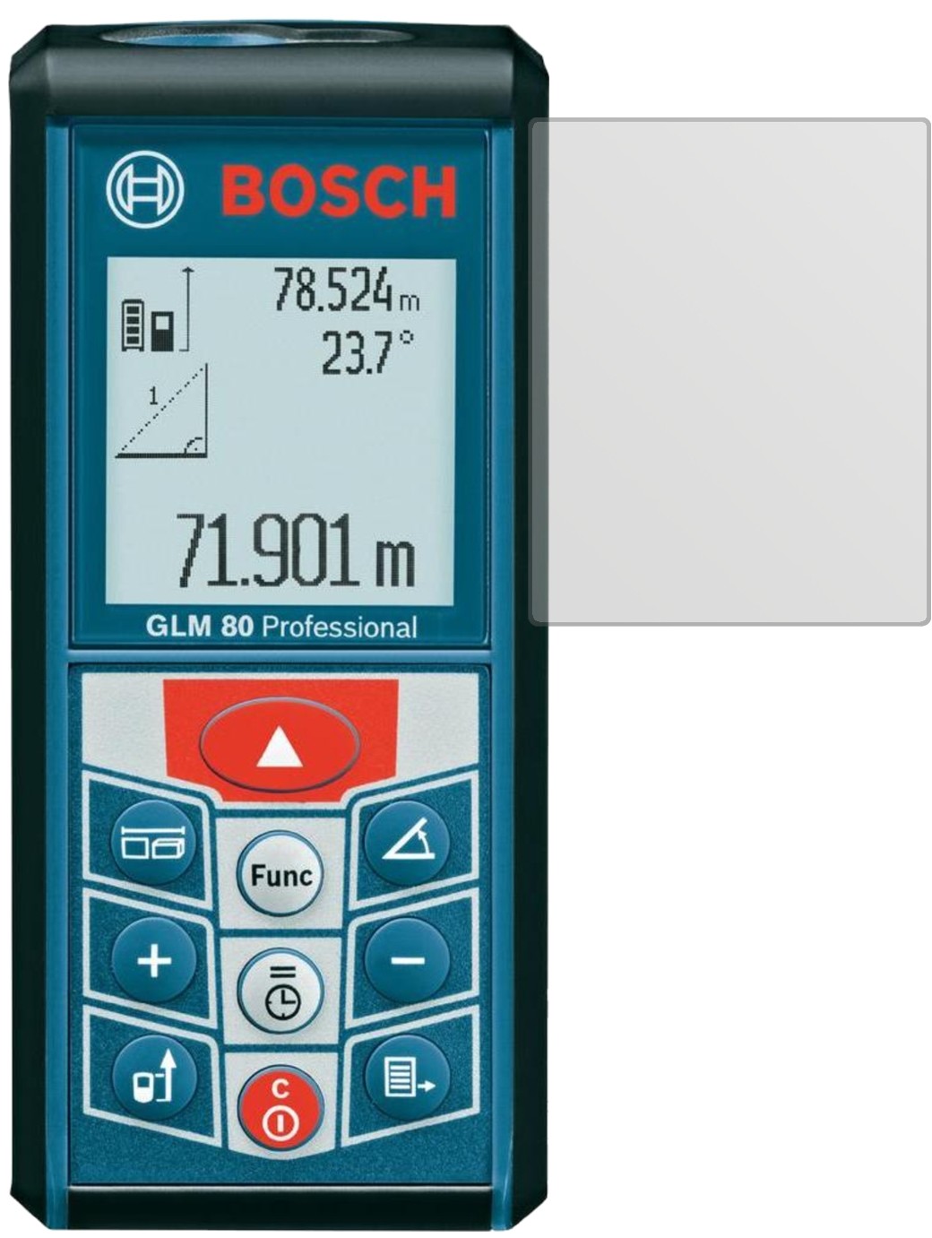 BoschProfessional GLM 80 mit aufgebrachter dipos Displayschutzfolie, die lästige Fingerabdrücke minimiert