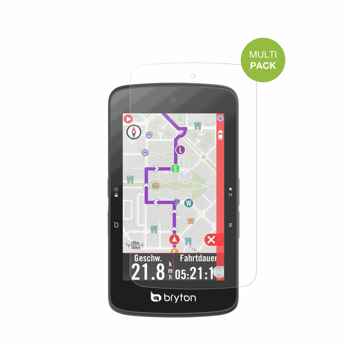 BrytonRider S800 mit aufgebrachter dipos Displayschutzfolie, die lästige Fingerabdrücke minimiert