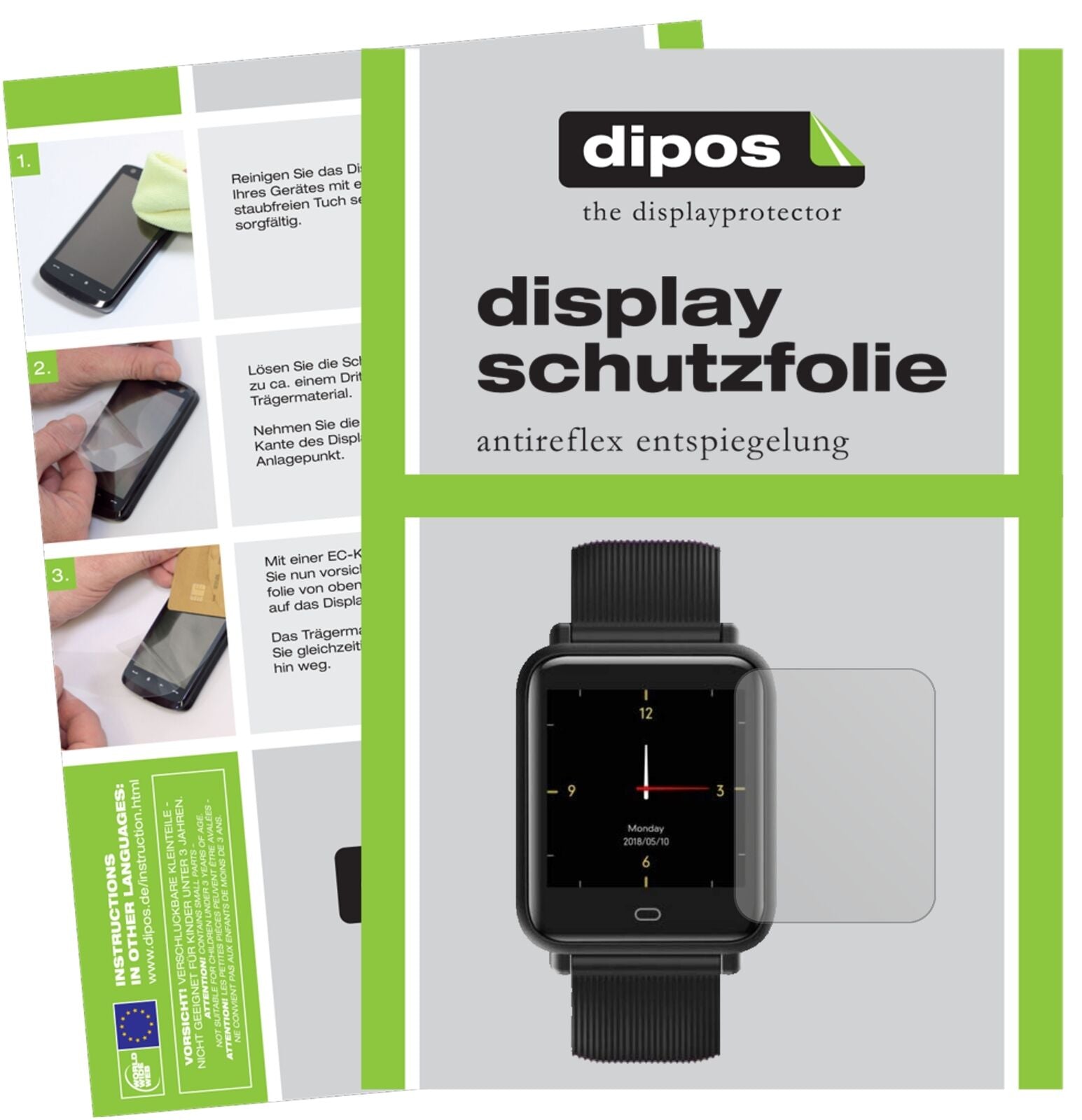 CanMixsCM07 Smartwatch mit aufgebrachter dipos Displayschutzfolie, die lästige Fingerabdrücke minimiert