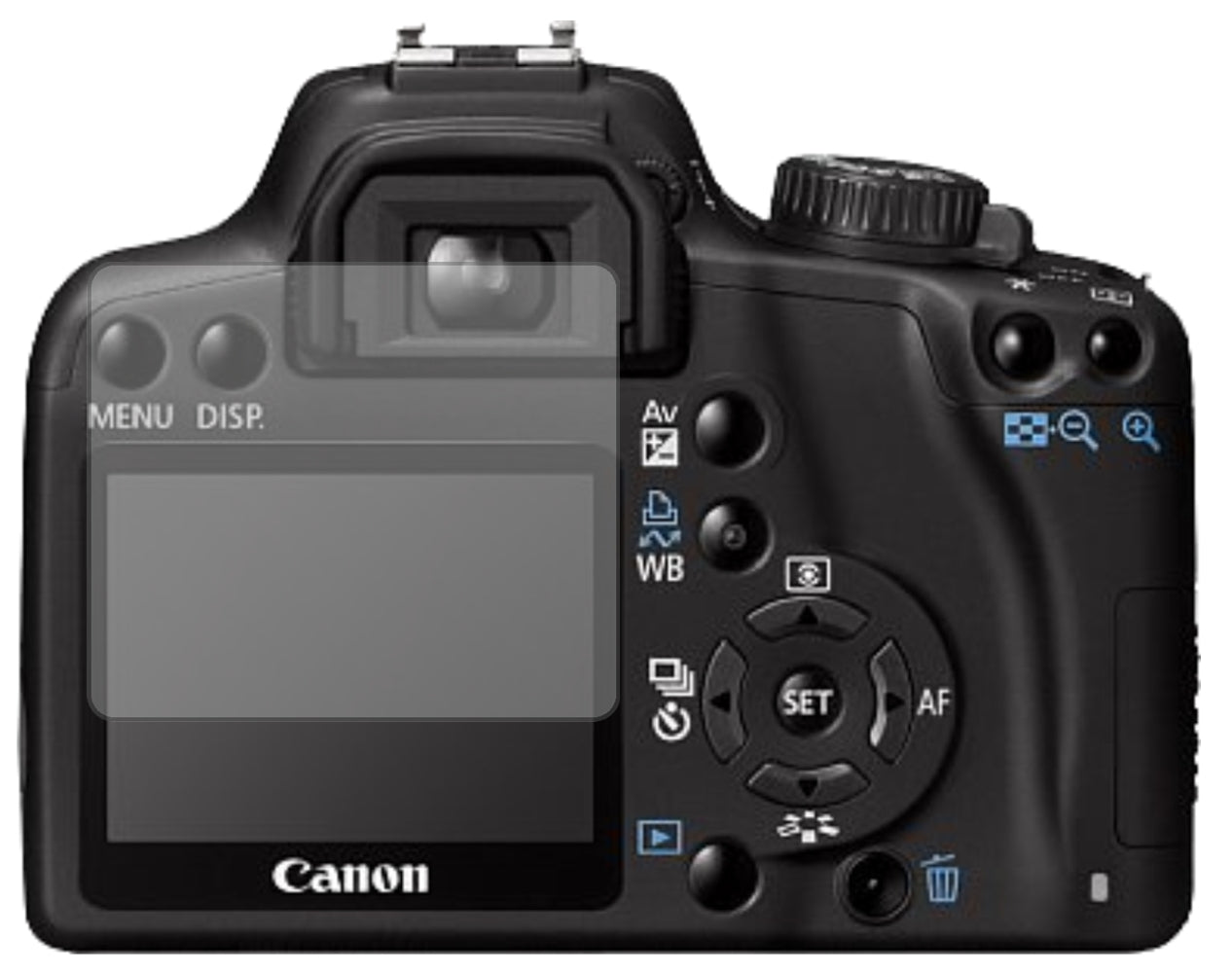 CanonEOS 1000D mit aufgebrachter dipos Displayschutzfolie, die lästige Fingerabdrücke minimiert