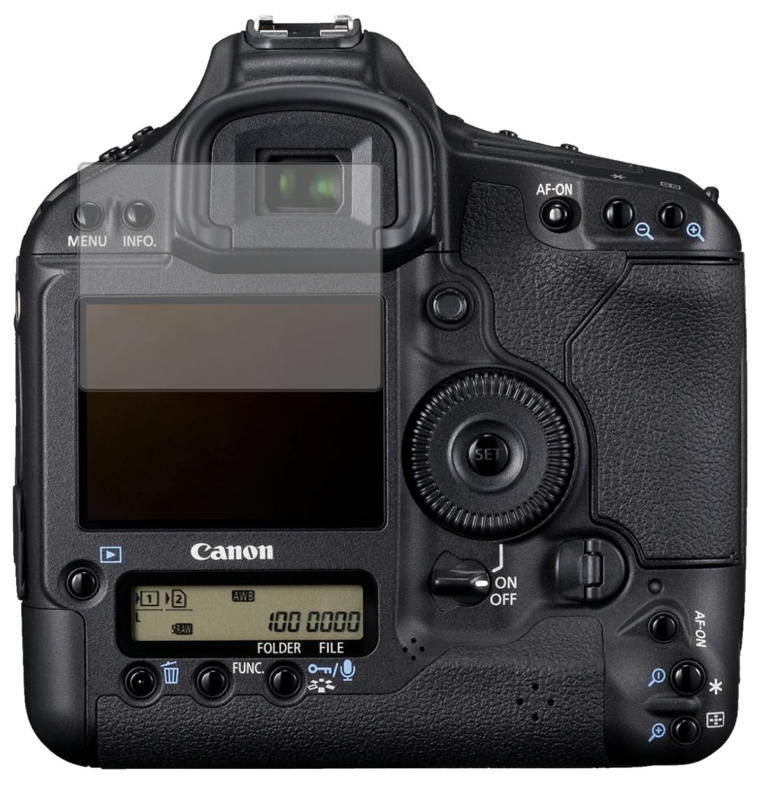 CanonEos 1D Mark IV mit aufgebrachter dipos Displayschutzfolie, die lästige Fingerabdrücke minimiert