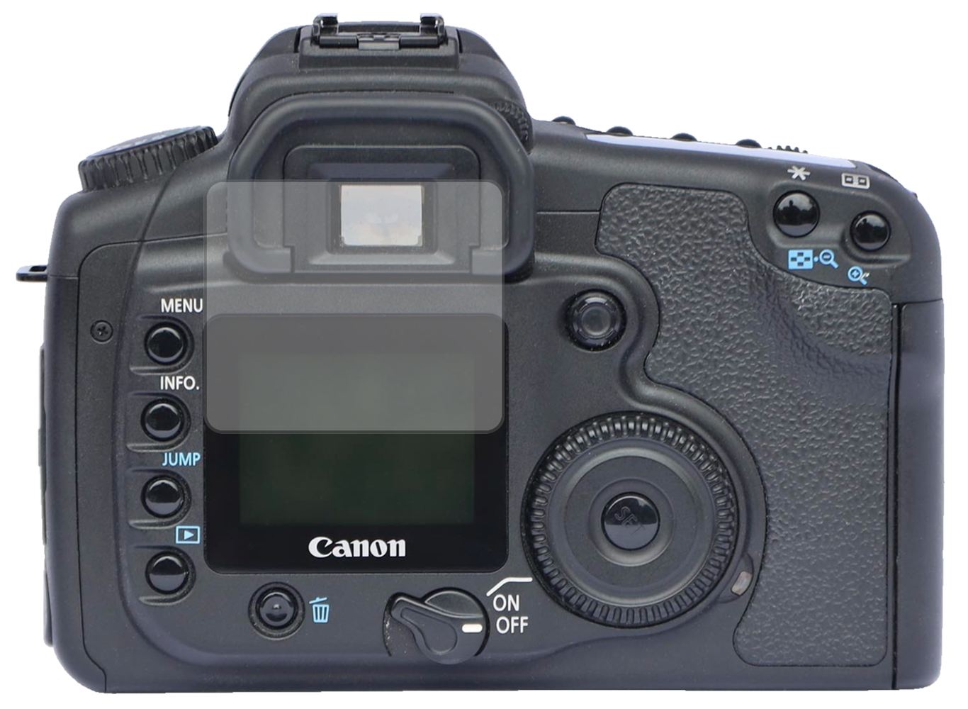 CanonEos 20D mit aufgebrachter dipos Displayschutzfolie, die lästige Fingerabdrücke minimiert