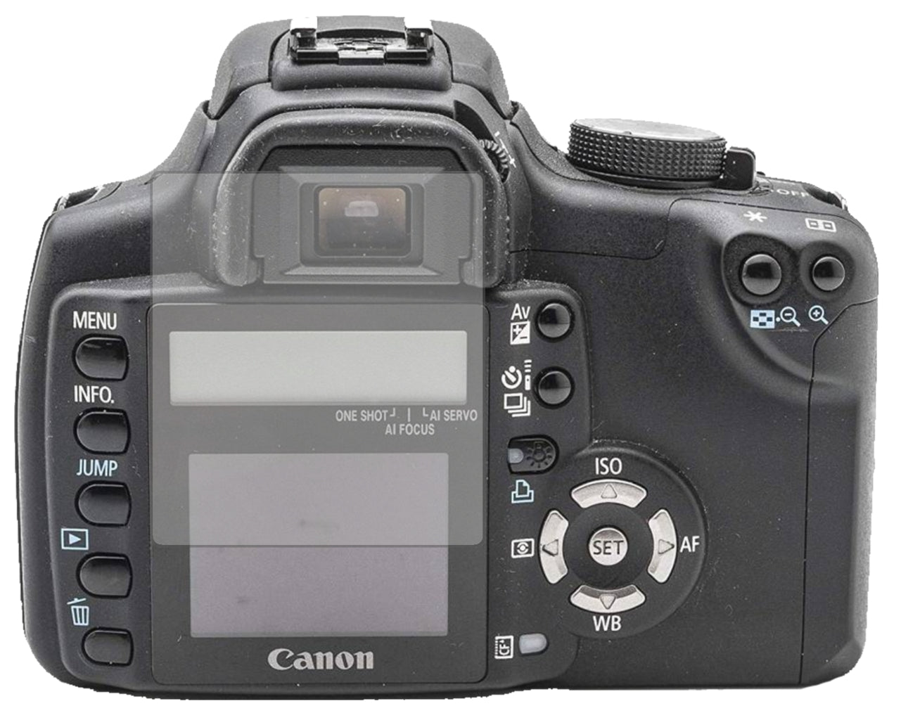 CanonEOS 350D mit aufgebrachter dipos Displayschutzfolie, die lästige Fingerabdrücke minimiert