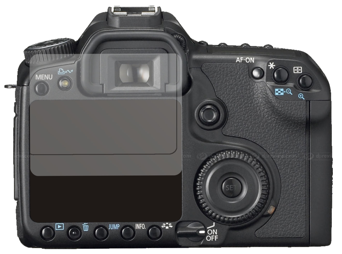 CanonEos 50D mit aufgebrachter dipos Displayschutzfolie, die lästige Fingerabdrücke minimiert