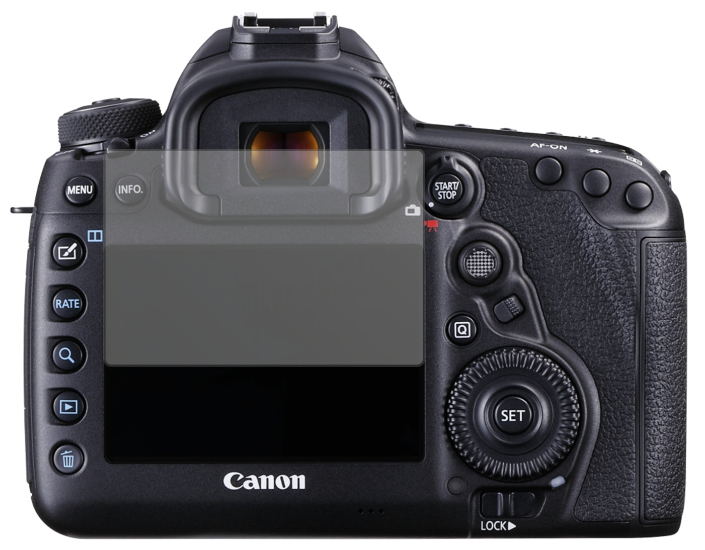 CanonEOS 5D Mark IV mit aufgebrachter dipos Displayschutzfolie, die lästige Fingerabdrücke minimiert
