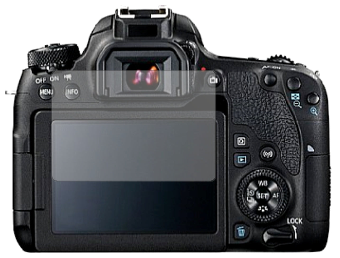 CanonEOS 77D mit aufgebrachter dipos Displayschutzfolie, die lästige Fingerabdrücke minimiert