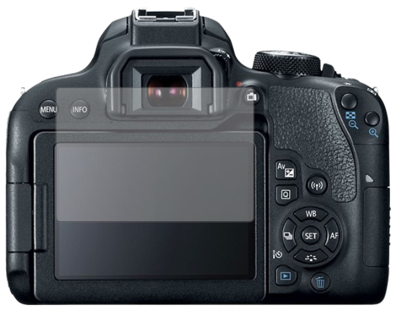 CanonEOS 800D mit aufgebrachter dipos Displayschutzfolie, die lästige Fingerabdrücke minimiert