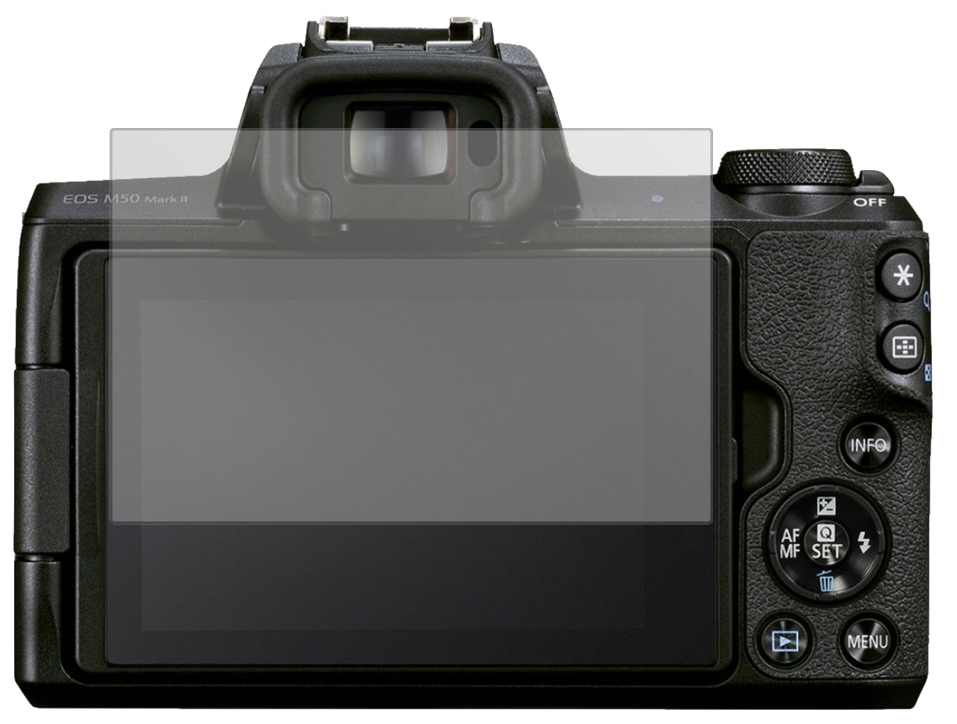 CanonEOS M50 Mark II mit aufgebrachter dipos Displayschutzfolie, die lästige Fingerabdrücke minimiert