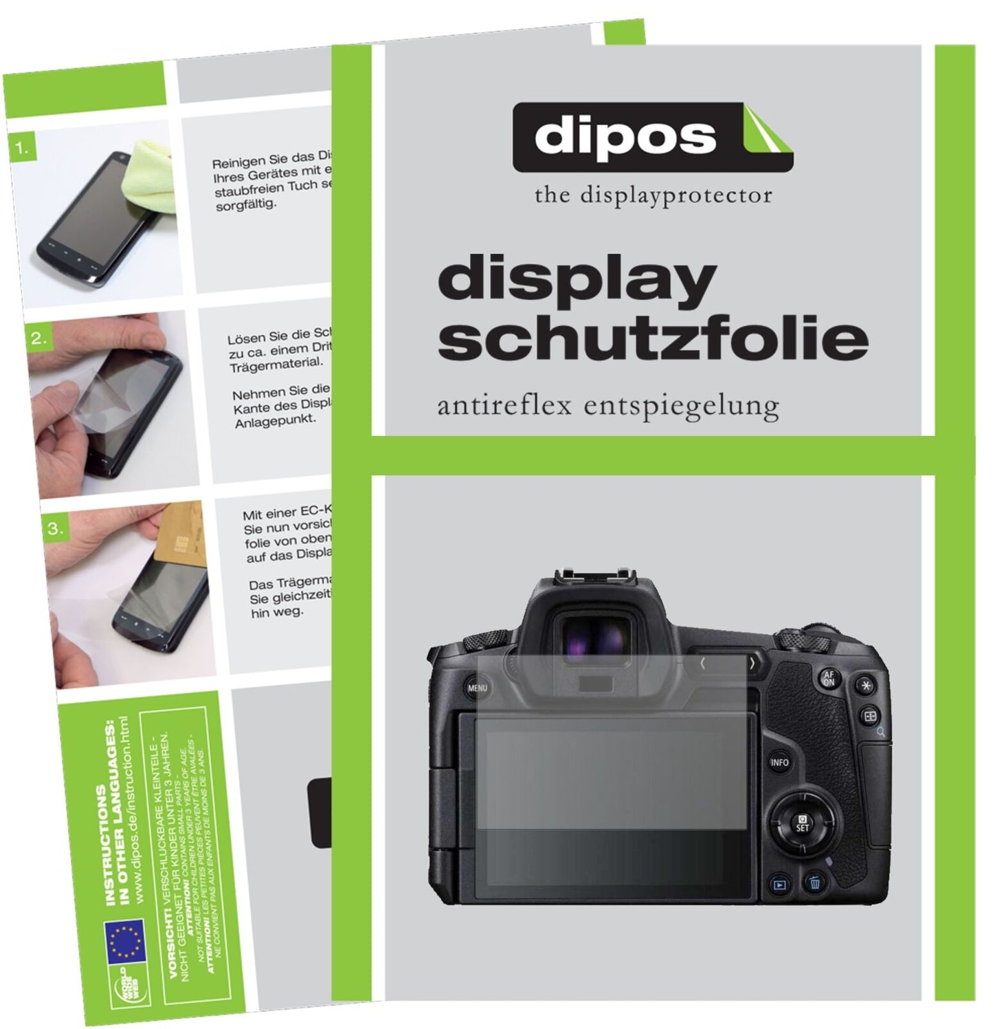 CanonEOS R mit aufgebrachter dipos Displayschutzfolie, die lästige Fingerabdrücke minimiert