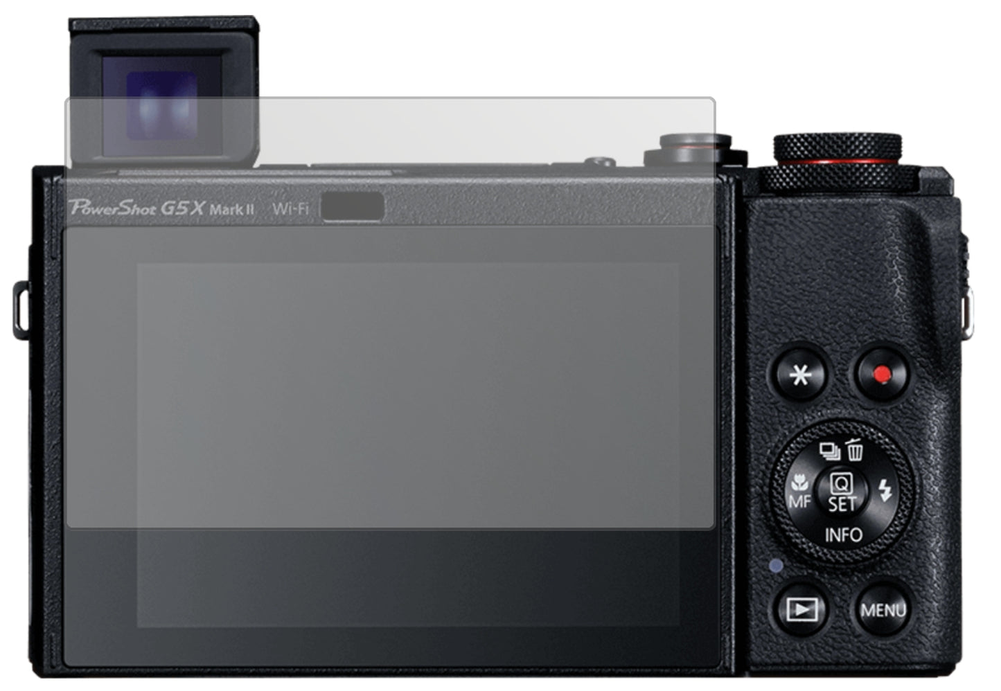 CanonPowerShot G5X Mark II mit aufgebrachter dipos Displayschutzfolie, die lästige Fingerabdrücke minimiert