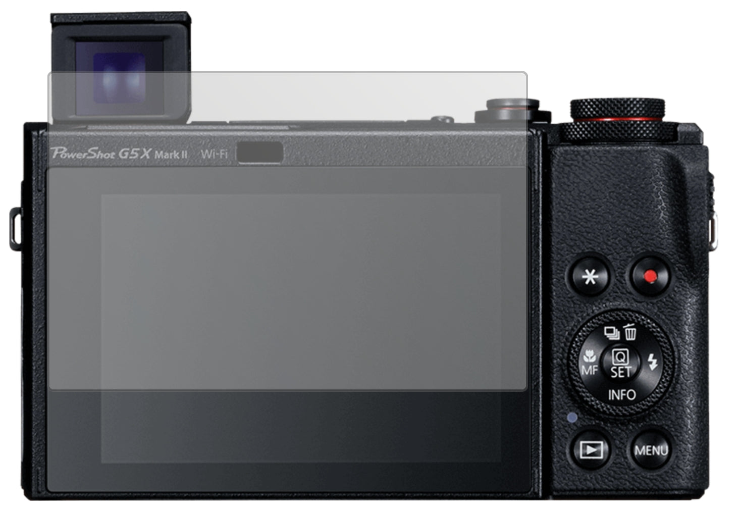 CanonPowerShot G5X Mark II mit aufgebrachter dipos Displayschutzfolie, die lästige Fingerabdrücke minimiert