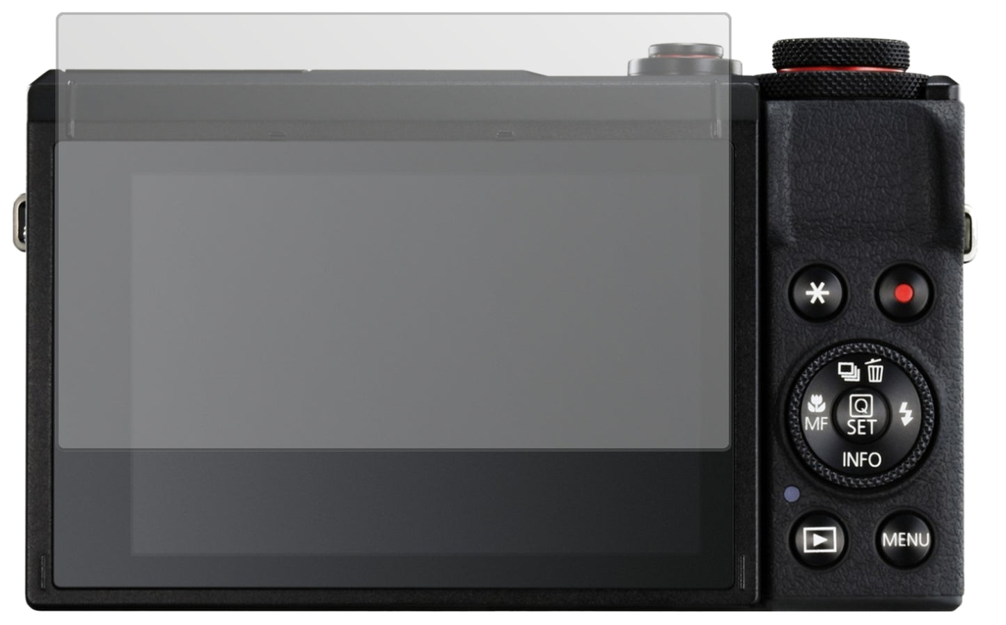 CanonPowerShot G7X Mark III mit aufgebrachter dipos Displayschutzfolie, die lästige Fingerabdrücke minimiert