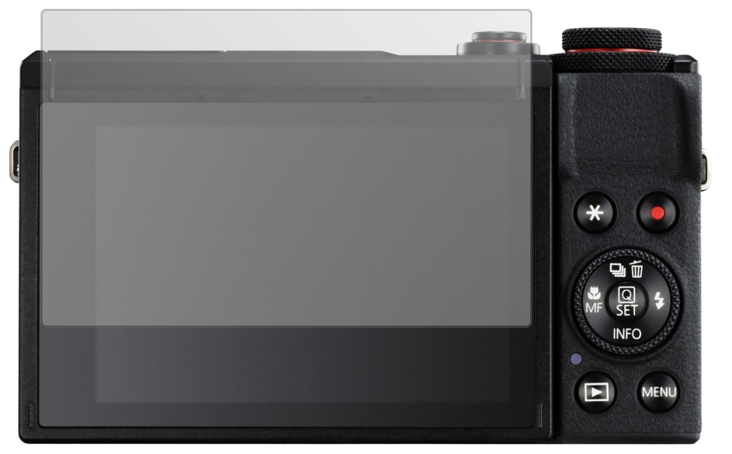 CanonPowerShot G7X Mark III mit aufgebrachter dipos Displayschutzfolie, die lästige Fingerabdrücke minimiert