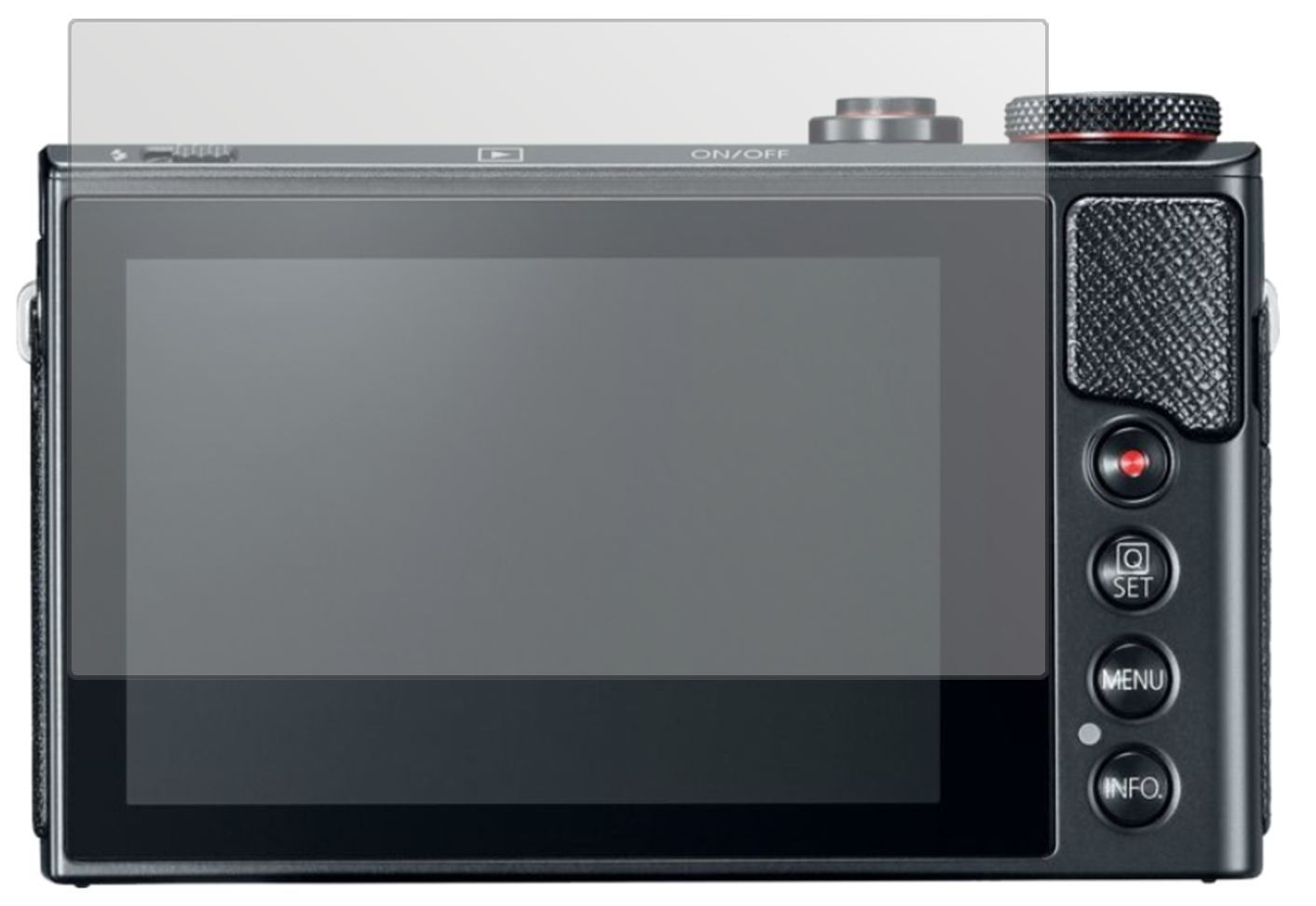 CanonPowerShot G9 X Mark II mit aufgebrachter dipos Displayschutzfolie, die lästige Fingerabdrücke minimiert