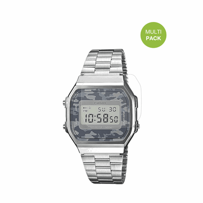 CasioA168WEC-1EF mit aufgebrachter dipos Displayschutzfolie, die l�stige Fingerabdr�cke minimiert