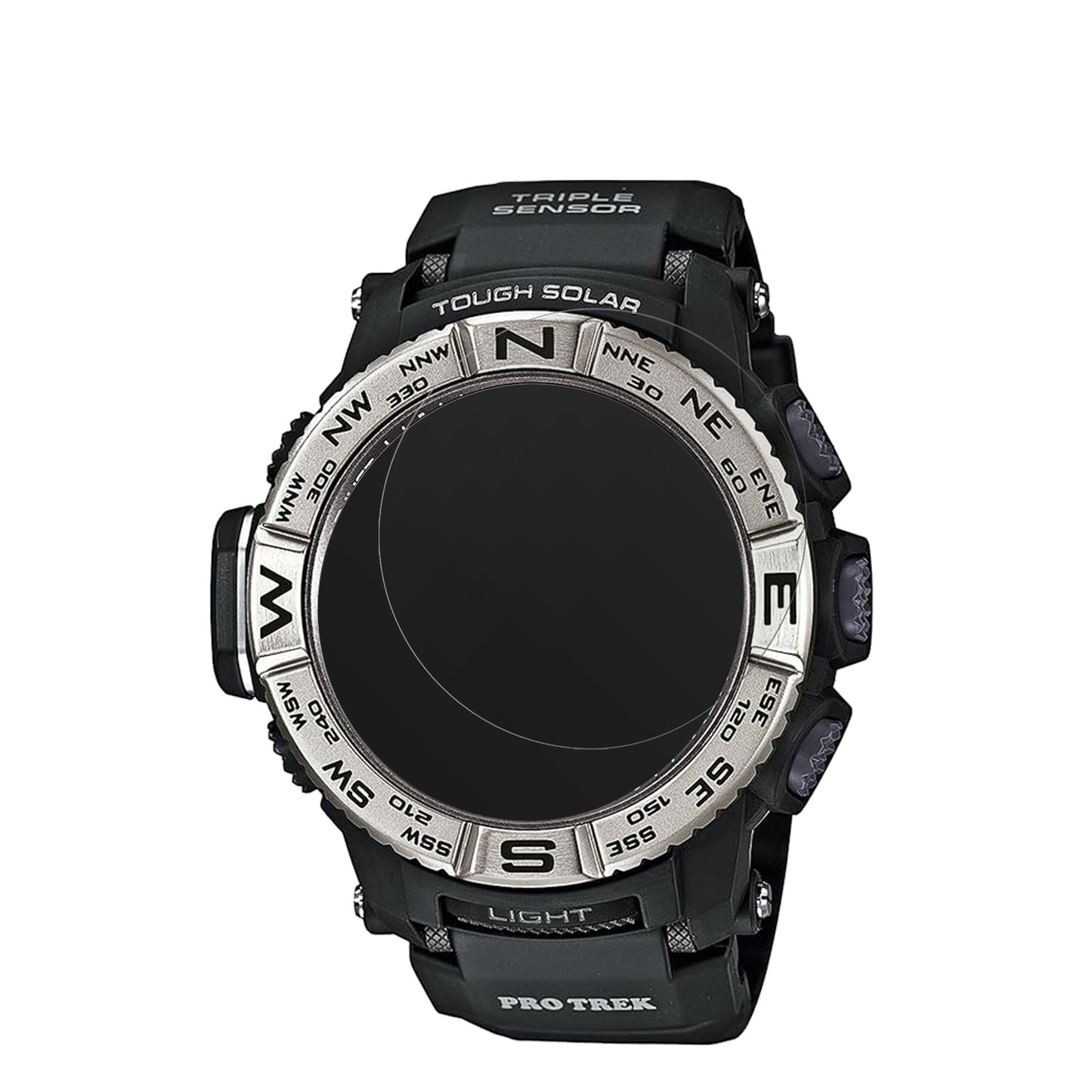 CasioPro Trek PRW-3500-1 mit aufgebrachter dipos Displayschutzfolie, die lästige Fingerabdrücke minimiert