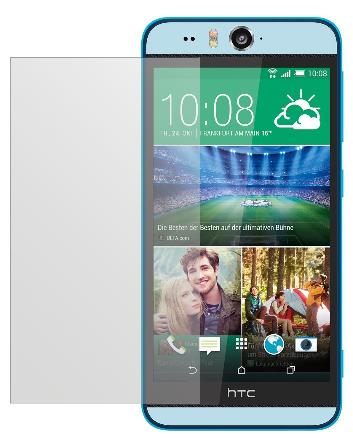 Desire EyeHTC mit aufgebrachter dipos Displayschutzfolie, die lästige Fingerabdrücke minimiert