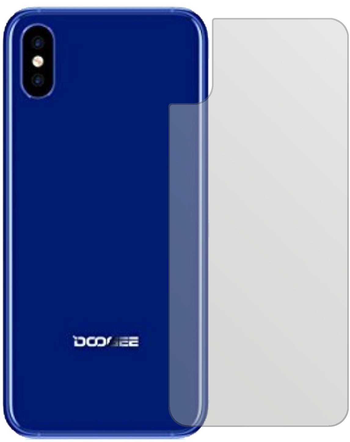 DoogeeX50L Rückseite mit aufgebrachter dipos Displayschutzfolie, die lästige Fingerabdrücke minimiert