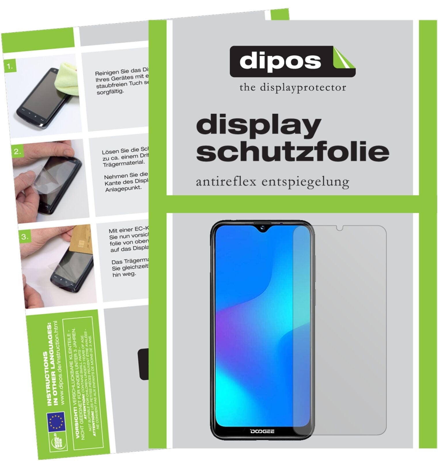 DoogeeY8 mit aufgebrachter dipos Displayschutzfolie, die lästige Fingerabdrücke minimiert