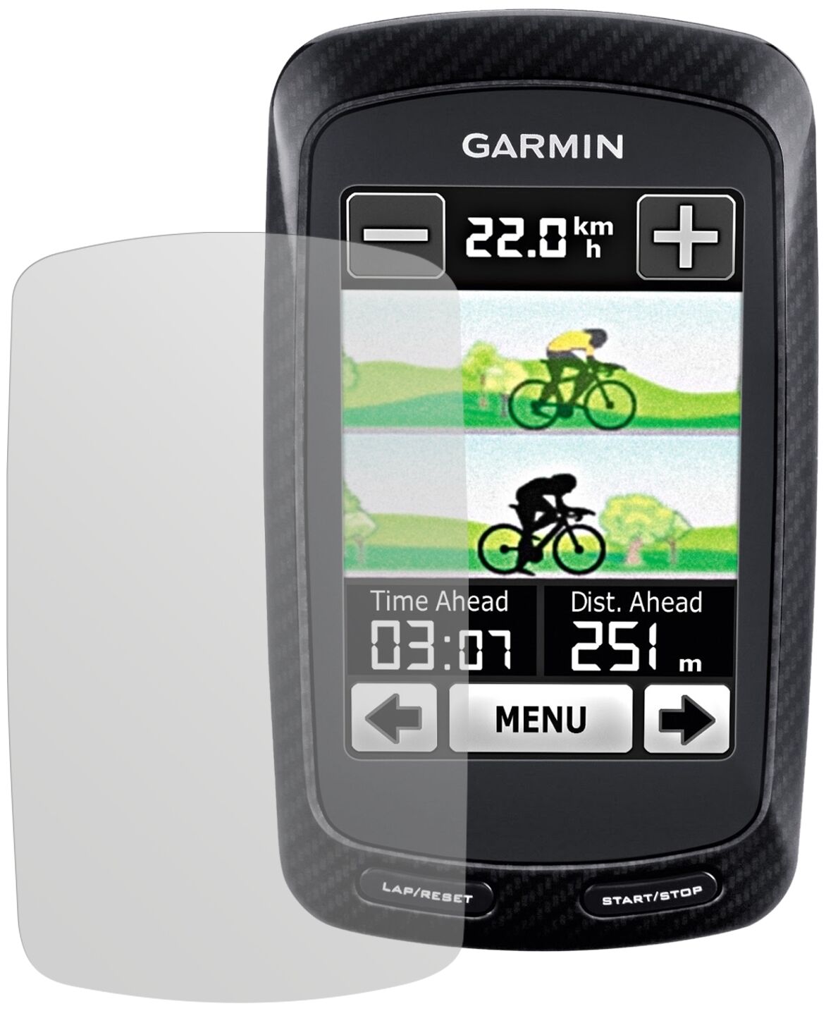 Edge 800Garmin mit aufgebrachter dipos Displayschutzfolie, die lästige Fingerabdrücke minimiert