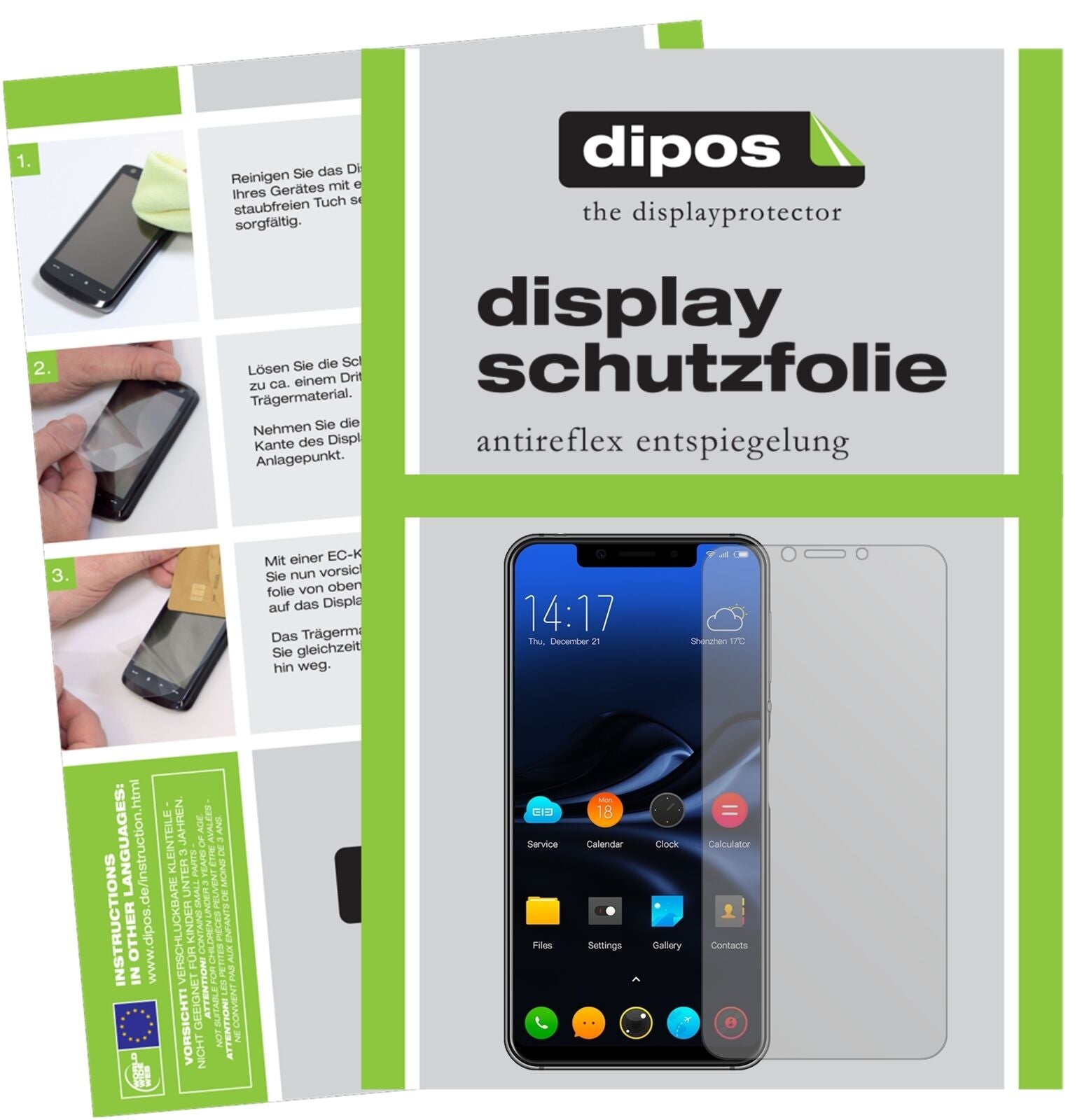 ElephoneA4 mit aufgebrachter dipos Displayschutzfolie, die lästige Fingerabdrücke minimiert