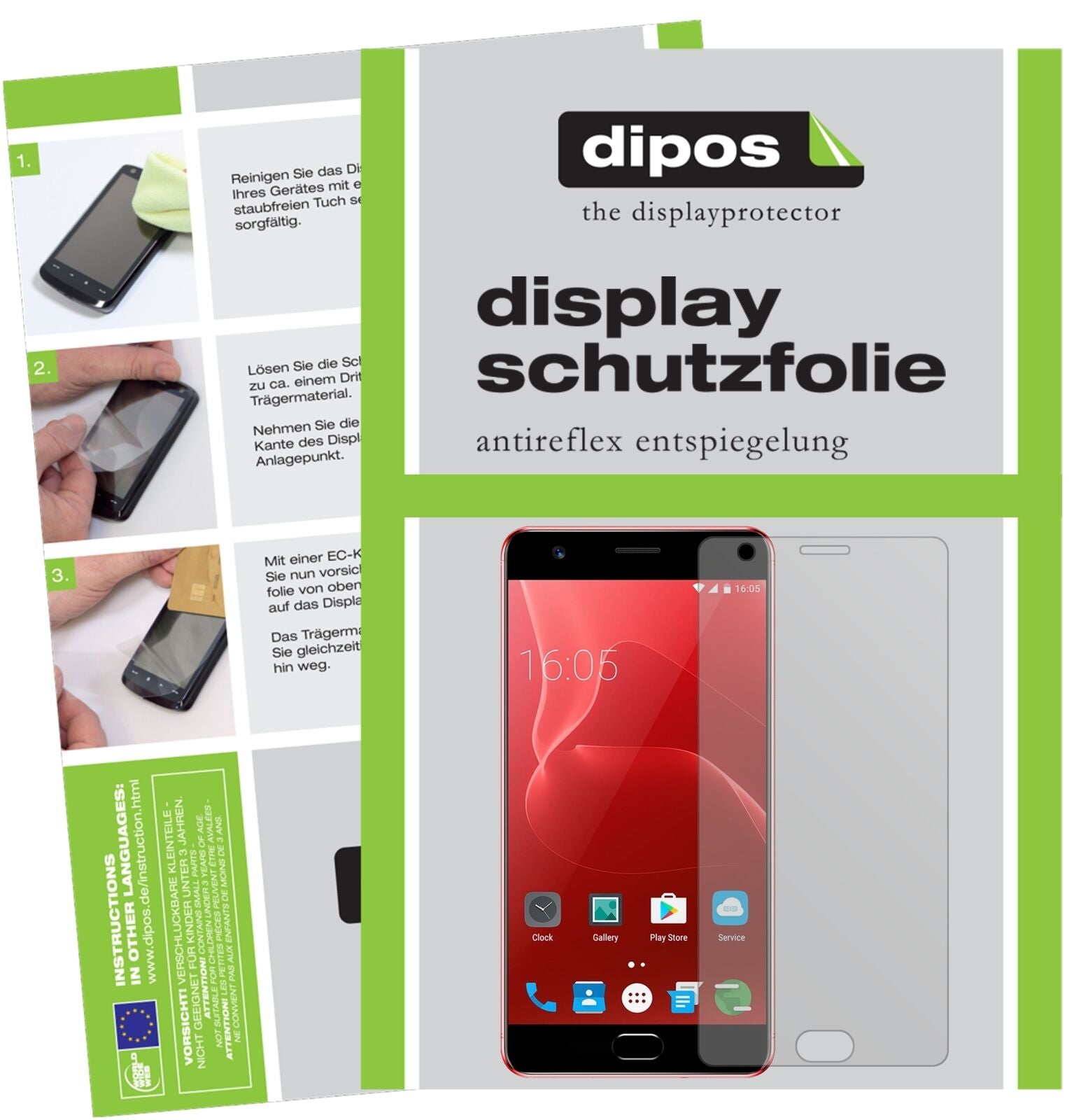 ElephoneP8 Max mit aufgebrachter dipos Displayschutzfolie, die lästige Fingerabdrücke minimiert