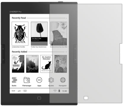 EnergySistem eReader Pro HD mit aufgebrachter dipos Displayschutzfolie, die lästige Fingerabdrücke minimiert