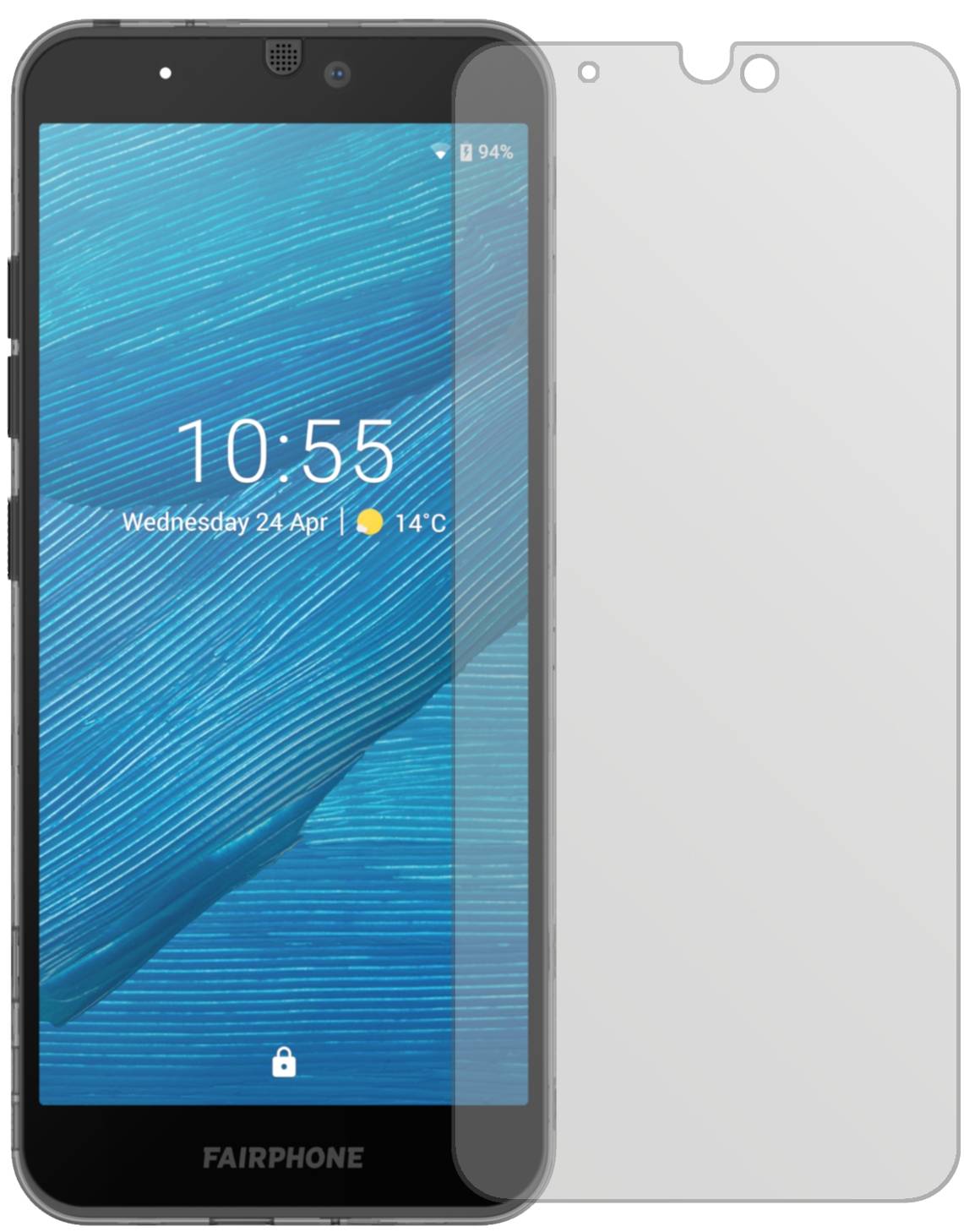 Fairphone3 Plus mit aufgebrachter dipos Displayschutzfolie, die lästige Fingerabdrücke minimiert