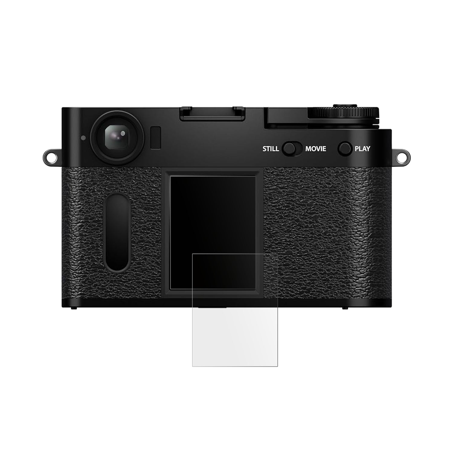 FujifilmX-HF1 mit aufgebrachter dipos Displayschutzfolie, die lästige Fingerabdrücke minimiert